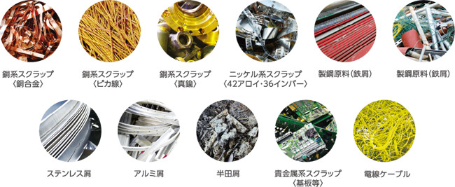 銅系スクラップ〈銅合金〉　銅系スクラップ〈ピカ線〉　銅系スクラップ〈真鍮〉　ニッケル系スクラップ〈42アロイ・36インバー〉　製鋼原料（鉄屑）　製鋼原料（鉄屑）　半田屑　貴金属系スクラップ〈基板等〉　アルミ屑　ステンレス屑　電線ケーブル